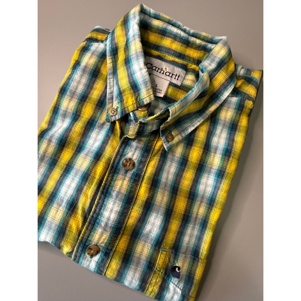 Carhartt Mens Large Short Sleeve Plaid Button Down Shirt Yellow Blue Cotton